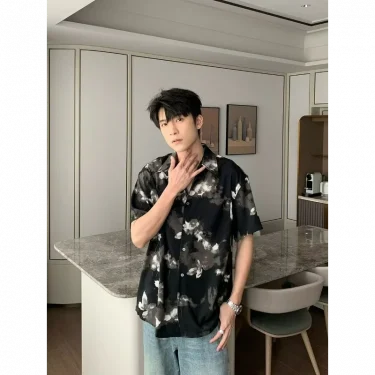 Retro Tie-dye Flower Shirt Short Sleeve Men High-end Sense Handsome Fashion Trend Korean Version Loose Draped Ice Silk Shirt 5