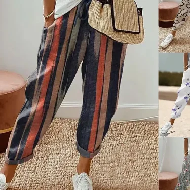 Women Spring Summer Cropped Pants Elastic Waist Drawstring Retro Thin Flower Print Fashion Loose Stripe Pocket Pants 6