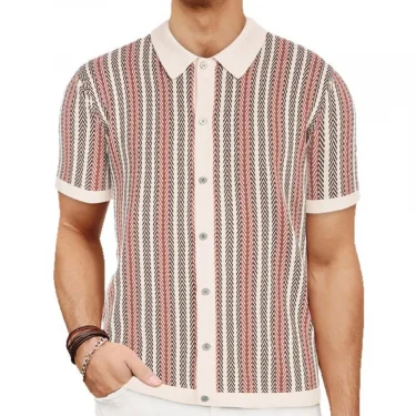Summer New Men's Striped Jacquard Knitted Short-Sleeved Polo Shirt Contrast Color Casual Fashion Trend Simple Loose Men's Tops 3