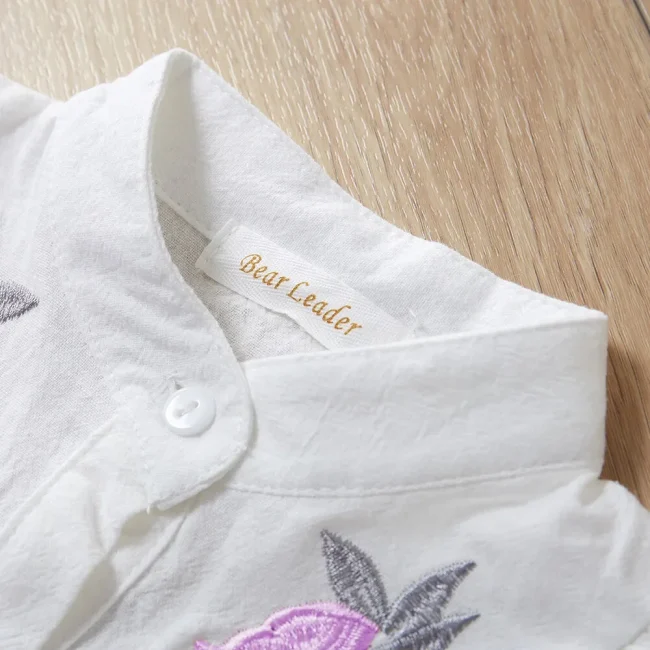 Girls Clothes Summer Flying Sleeved Round Neck Top+bow Solid Color Shorts 2-piece Set Pure Cotton Embroidered Flower Shirt Sets 5