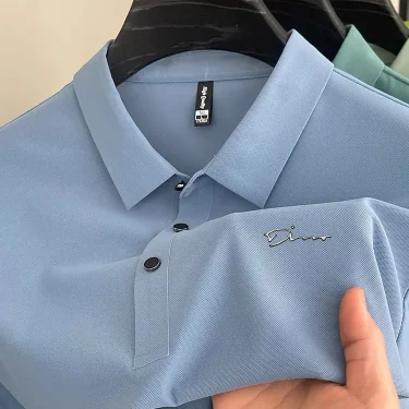 Summer New Men's Ice Silk Lapel Polo Casual Pure Color Versatile Short-Sleeved T-Shirt Tops for Men 5