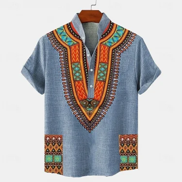 Linen 100% Solid Color Hot Selling Shirt Half Cardigan Button Stand Collar Solid Color Shirt Linen men's Tops European Size 3