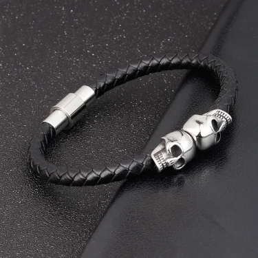 Hyperbole Men Jewelry Black Braided Leather Bracelets Stainless Steel Leahter Bracelets Cool Skull Bracelets Men Bracelet 3
