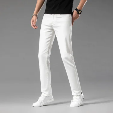 Summer New 98% Cotton Men's Casual Jeans White Classic Fashionable Stretch Straight Denim Trousers Black Brand Clothing Male 2