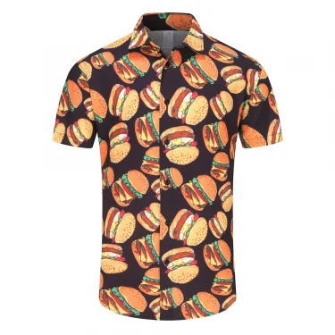 Summer Fashion Mens Hawaiian Shirts Short Sleeve Button Hamburger Printed Casual Beach Aloha Shirt Plus Size 3XL Hombre Ropa 1
