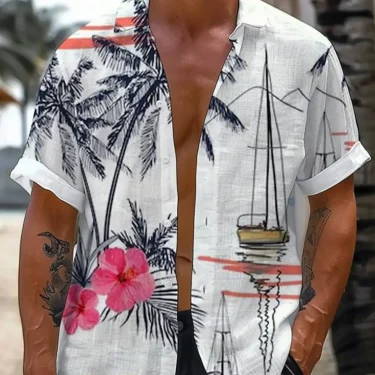 Men's coconut tree boat shirt summer Hawaiian shirt short sleeve lapel shirt fashion streetwear outdoor street casual 1