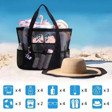 1PCS Large Capacity Mesh Beach Bag Sandproof Bag Oversized Foldable Lightweight Swimming Bag With Zipper For Vacation Beach 5