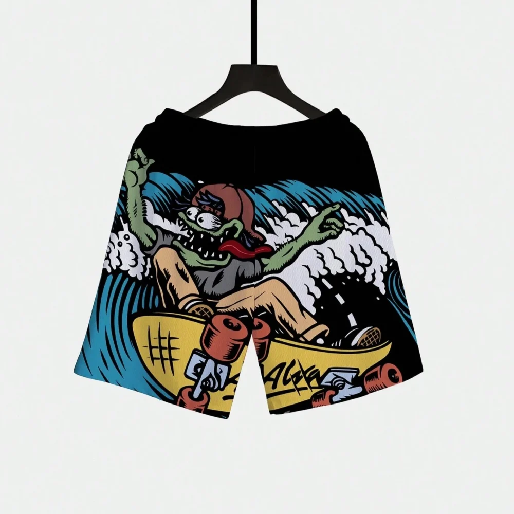 1pc Plus Size Men's Casual Sports Style Surfing Pattern Drawstring Waist Shorts with Pockets, Suitable Beach Vacation and Travel 5
