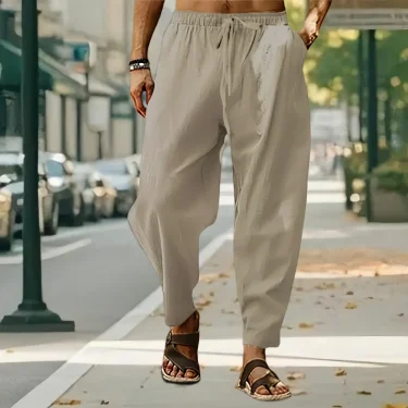 New Men Cotton Linen Pants Summer and Autumn Solid High Waist Wide-Leg Trousers Male Loose Hemp Casual Breathable Sports Pants 6