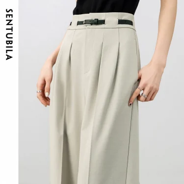 SENTUBILA Straight Pants Woman 2025 Spring Full-length High-waist Solid Folds Office Workwear Trousers with Belt 151K59377 5