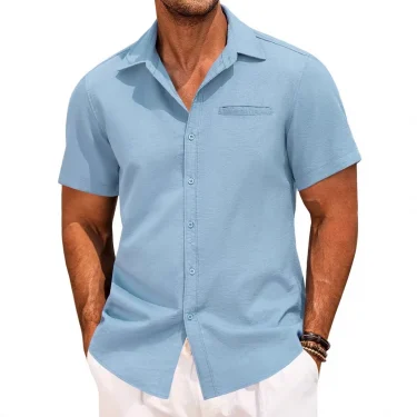 2025 New Men's Shirt Button Short-sleeved Lapel Office Casual Top Fashion Simple Invisible Pocket Blouses 4