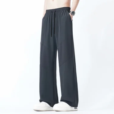 Summer ice silk casual straight pants men's elastic quick dry sports tide punch breathable wide leg pants 2
