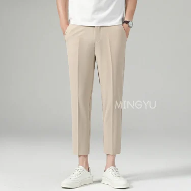 New Summer Thin Suit Pants Men Business Elastic Waist Formal Korean Social Slim Work Office Ankle Length Long Trousers Male 4