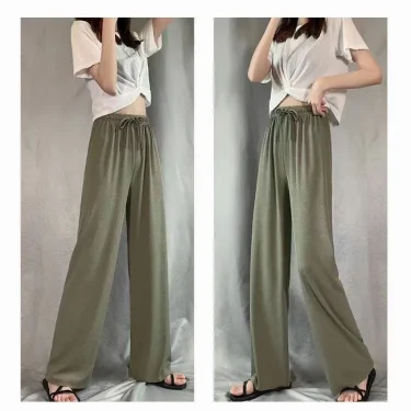 Summer Ice Silk Wide Leg Pants for Women Thin Ice Pants High Waist Draping Casual Loose Straight Leg Pants Floor Trousers 3