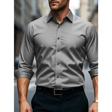 FGKKS Men Casual White Shirt Brand Fashion Solid Color Long Sleeve Elastic Fabric Male Business Dress Shirt 6
