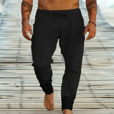 Men's Cotton Linen Casual Sweatpants Beach Pants Joggers Solid Drawstring Elastic Waist Pants Male Vacation Loose Straight Pants 2