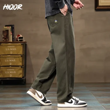 HIQOR Men Casual Pants Fashion Jogger Pant Loose Straight Wide Leg Trousers Cotton Vintage Cargo Pants Man Solid Streetwear Men 4
