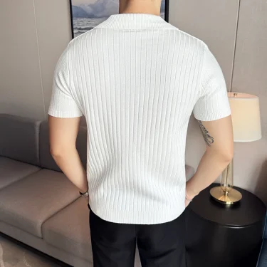 Men Striped Polo Shirt 2024 Summer Light Thin Breathable Solid Casual Elastic Slim Fit Short Sleeved V-neck T-shirt Men Clothing 4