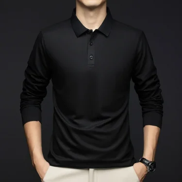 New Men's Business Casual Long Sleeved Shirt Solid Color Polo Shirt Fashionable Breathable Comfortable Versatile Top 4