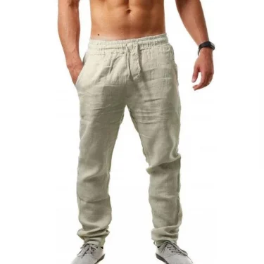 Men's Cotton Linen Pants Summer Solid Color Breathable Linen Trousers Male Casual Elastic Waist Fitness Pants Hip-Hop Streetwear 5