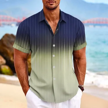 Men's Gradient Striped Printed short-sleeved Shirt 3D Casual Fashion Lapel Top Simple And Handsome Hawaiian 3