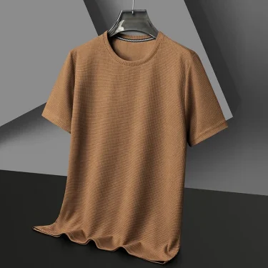 Men's New Summer Waffle round Neck Short Sleeve T-Shirt Comfortable Breathable Short-Sleeved Top for Casual Wear 1