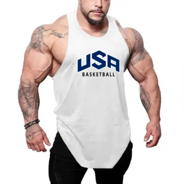 Usa Basketball Letter Logo Sleeveless Shirt Gym Bodybuilding Fitness Muscle Y-back Singlet Cotton Breathable Loose Men's Vests 5