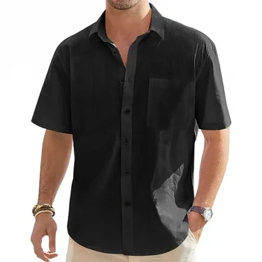 Men's Solid Color Cotton Linen Short Sleeve Shirts Vacation Beach Summer Tops with Pocket Casual Lightweight Button Shirts 2