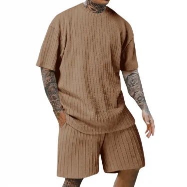 Men's new fashion summer sports solid color crew-neck vertical stripe T-shirt shorts short-sleeved suit 6