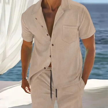 Cuban-style striped short sleeve cardigan shirt top + shorts Men's business casual suit, suitable for seaside vacation 1