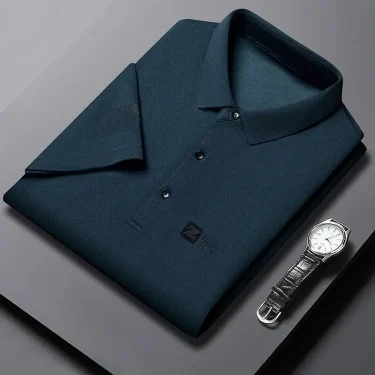 New Men's Business Casual Short Sleeved Shirt with Badge Solid Color Polo Shirt Fashionable Breathable Comfortable Versatile Top 5