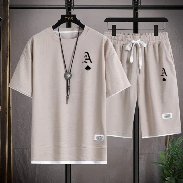 Fashionable casual men's sports suit short-sleeved T-shirt and outdoor summer sports shorts two-piece set daily casual 1