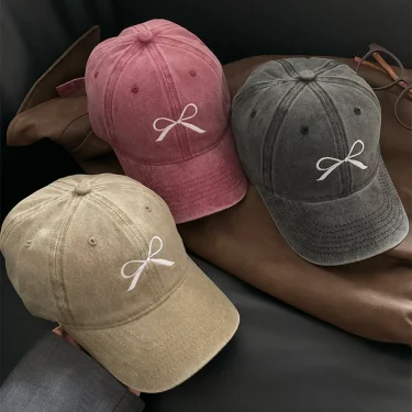 Pink Bow Baseball Cap for Women Y2K Korean Washed Denim Snapback Hat Summer Adjustable Embroidered Girls Dad Hats 5