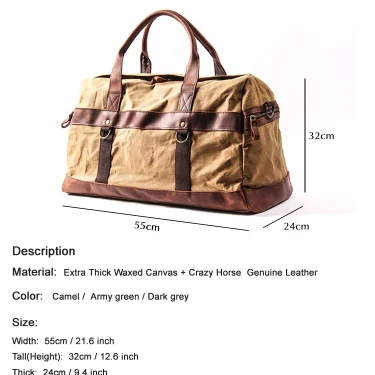 WaterProof Waxed Canvas Leather Men Travel Bag Hand Luggage Bag Carry On Large tote Vintage Men Duffle Weekend Bag big Overnight 2