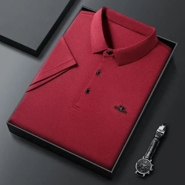 New Men's Business Casual Short Sleeved Shirt with Badge Solid Color Polo Shirt Fashionable Breathable Comfortable Versatile Top 6
