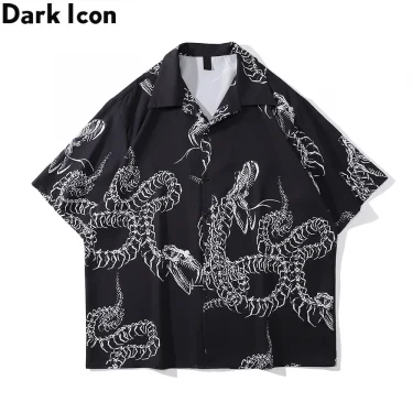 Dark Icon Skeleton Dragon Casual Men's Shirt Summer Thin Material Shirt Men Polo Collar Shirts Short Sleeve Top 1