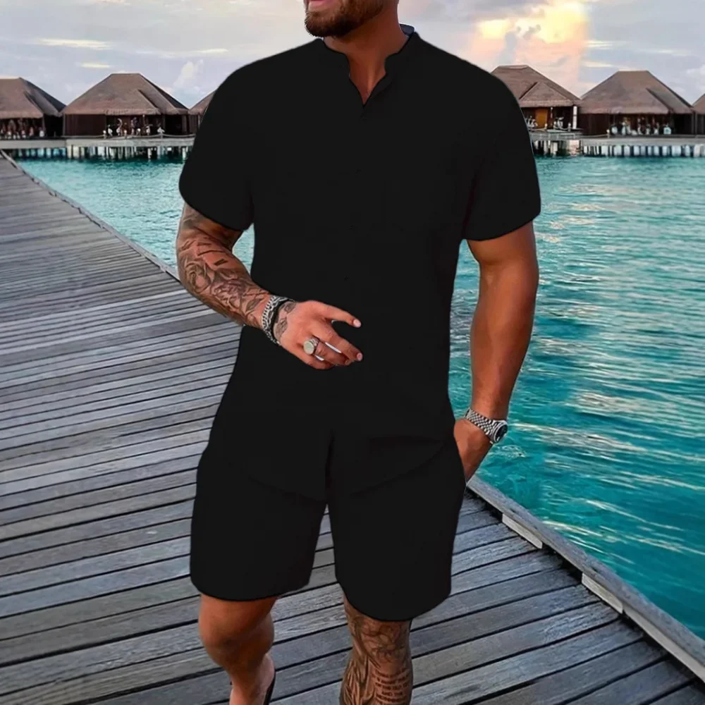Fashion casual shirt short sleeve shorts suit men's stand collar shirt can cardigan outdoor beach two-piece set 2
