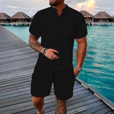 Fashion casual shirt short sleeve shorts suit men's stand collar shirt can cardigan outdoor beach two-piece set 2
