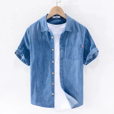 Men Denim Shirt , Thin Summer Half Sleeve Casual Top, Loose Trendy Handsome Short Sleeve ，Camping Denim Short Sleeve Jacket 1