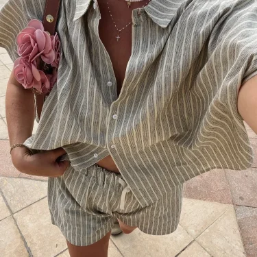Casual Stripe Shorts Set Women's Loose Single Breasted Half Sleeve Shirt High Waist Short Pant 2025 Summer New Lady Holiday Suit 2
