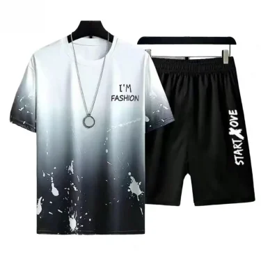 Gradient Color Letter Printed Men's Tracksuit Summer T Shirts And Shorts Two Piece Sets Casual Breathable Round Neck Sports Suit 2