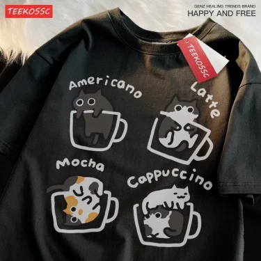 Cat Coffee Pure Cotton Trendy Summer Loose Short Sleeved T-shirt Men Women Original Mocha Latte Cat Three Flowers Fun Cat Tees 5