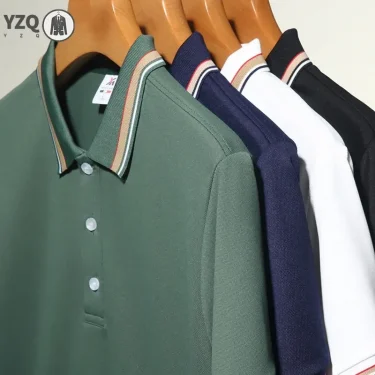Men's Fashion Solid Short Sleeved Striped Lapel Polo Shirt Summer Breathable Comfortable Top 6