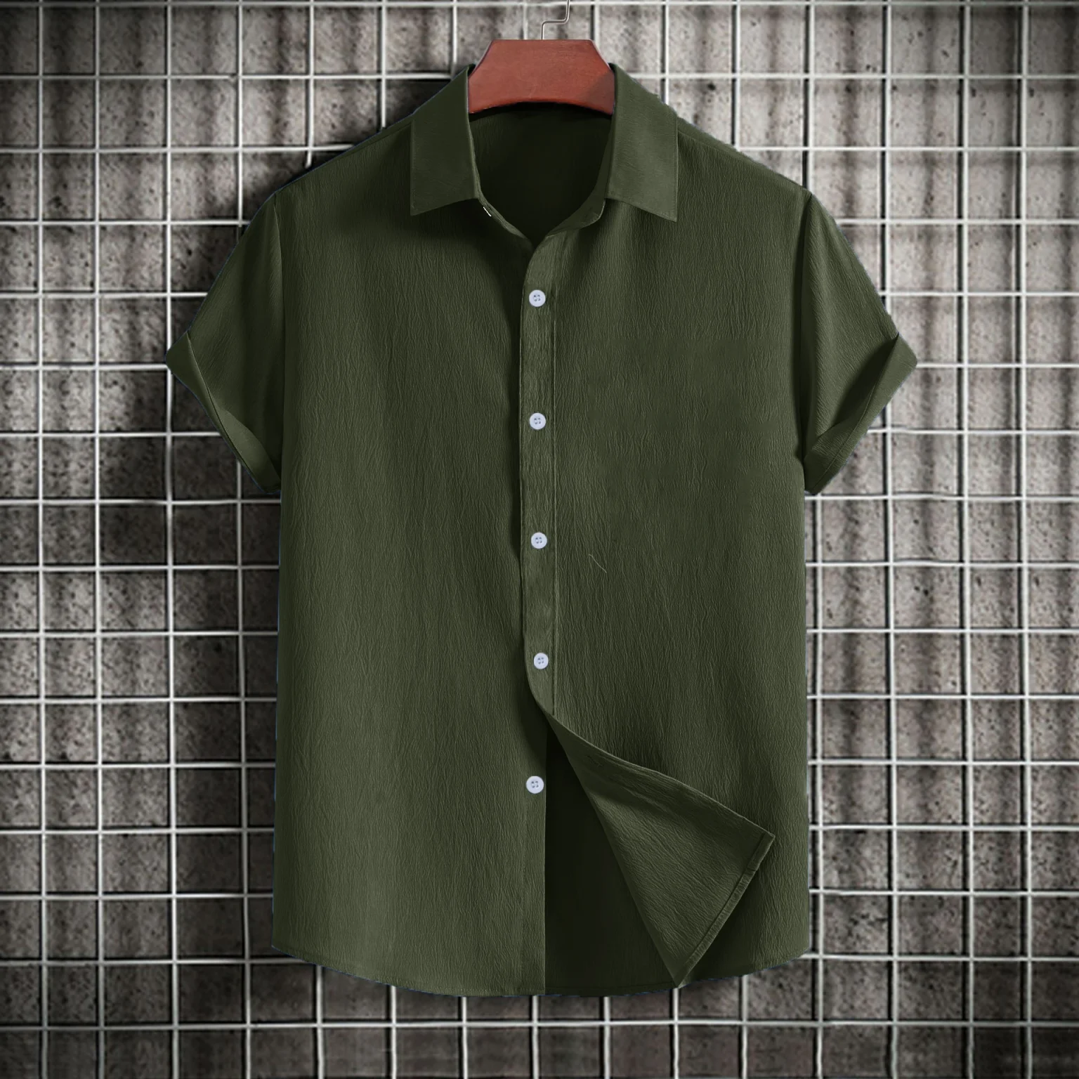 Men's casual short-sleeved solid color lapel shirt 2
