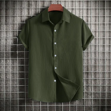 Men's casual short-sleeved solid color lapel shirt 2