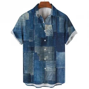 Fashion Patchwork Design Printed Pattern Men Women Short Sleeve Shirts Fashion Tops Casual Button Down Shirt Tops 2