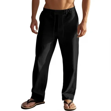 2024 drawstring men's simple fashion solid color casual cotton and linen straight trousers 5