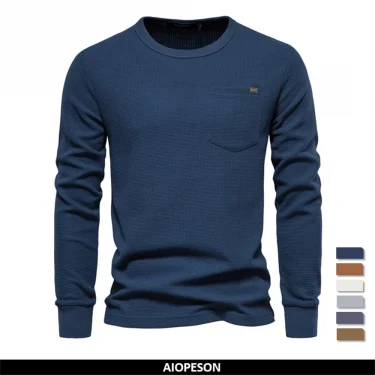 Men's Waffle Cotton Long Sleeve T-Shirt - Solid Color Single Pocket Design, Autumn Basic Breathable Top for Casual Outfits 1