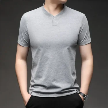 2025 Korean Style Men's Casual and Fashionable One Button V-neck Solid Color Short Sleeved T-shirt Summer Versatile Top 2