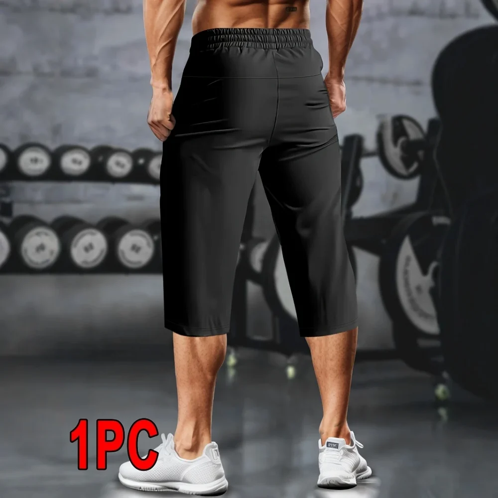 1pc Men's Lightweight Athletic Cropped Pants with Drawstring, Zippered Pockets & Reflective Strips - Breathable, Quick-Dry Fabri 3